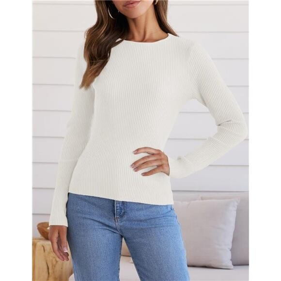 Women's Long Sleeve Crewneck Shirts - Fall Knit Sweater, Slim Fitted Casual - Picture 4 of 7
